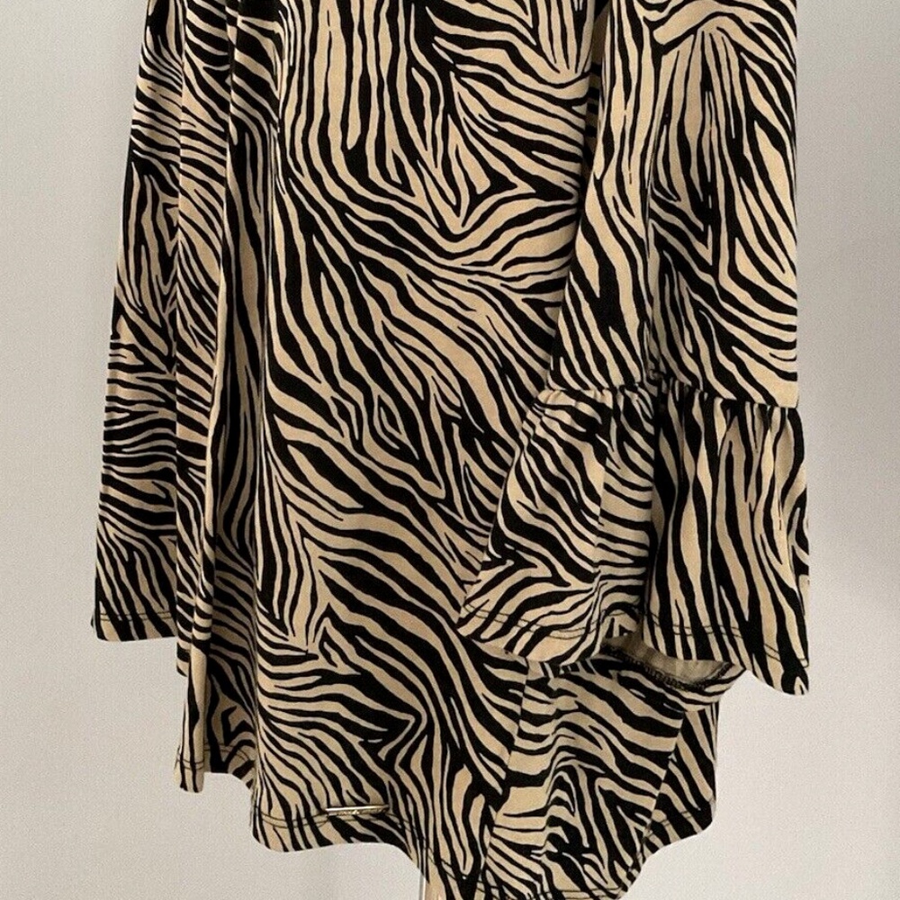 Michael Kors Women Top Shirt Blouse Zebra Print Flare Sleeve Black & Tan XL - Picture 2 of 10